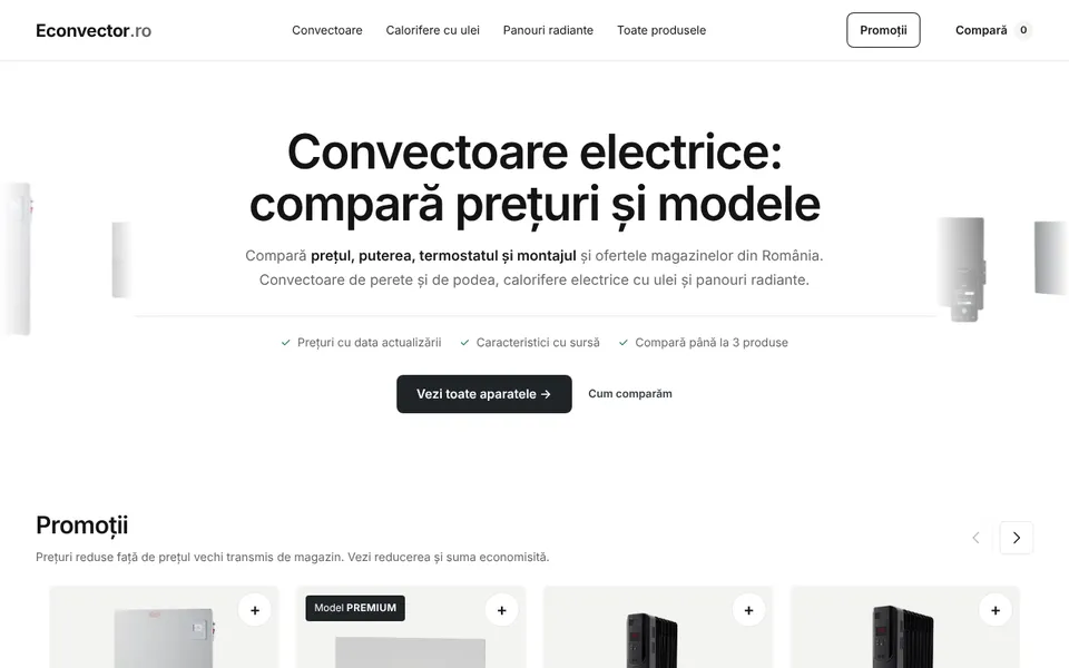 Pagina principală Econvector.ro: comparator de prețuri pentru convectoare electrice, calorifere cu ulei și panouri radiante